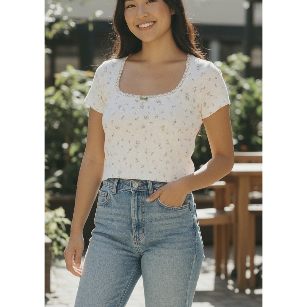 Wild Fable Floral Baby Tee Womens XXL White Lace Trim Coquette Soft Girl Cottage
